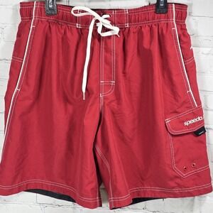 Speedo Swim Trunks Mens LG Red Cargo Pockets Mesh Lined Lifeguard  BF
